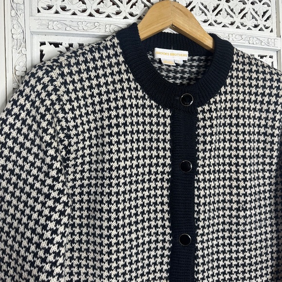Brooks Brothers 100% Wool Black & White Houndstooth Preppy Button Up Cardigan - Picture 2 of 7